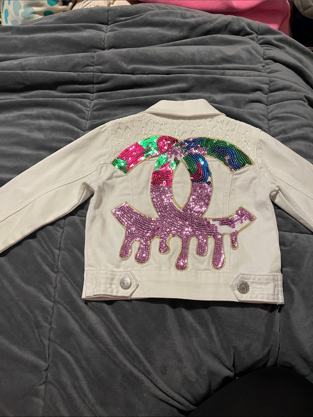 Sparkle Sequin White Girls' Jacket with Pink Drip Double C Logo